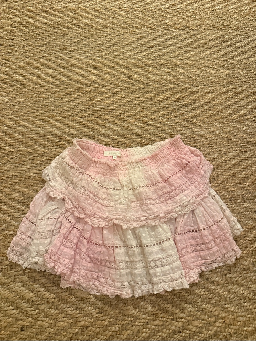 LoveShackFancy Pink and White Tiered Eyelet Mini Skirt